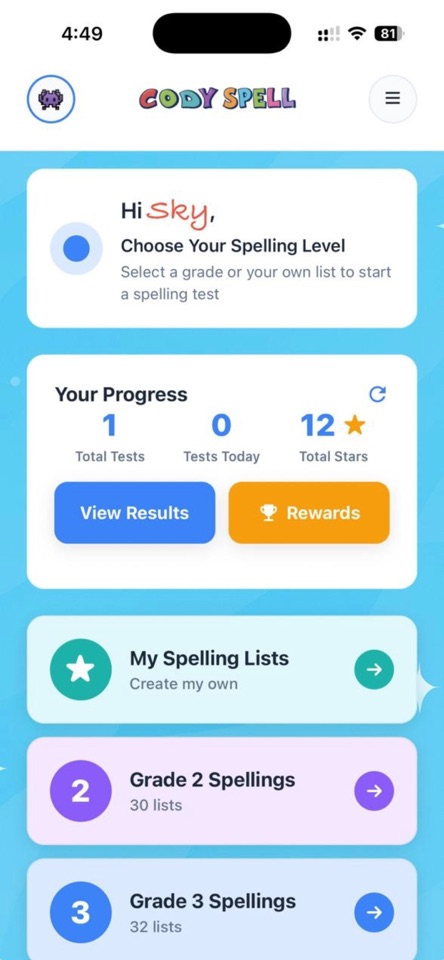 Cody Spell home screen with spelling lists and practice results